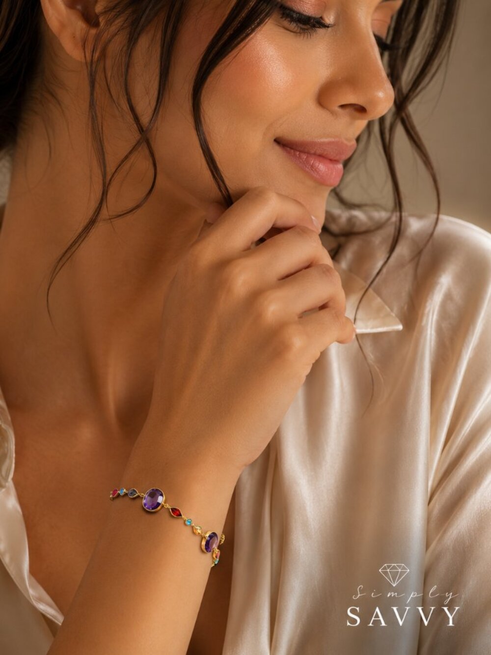 14k Yellow Gold Bracelet with Multi-Colored Stones (1.00 mm)